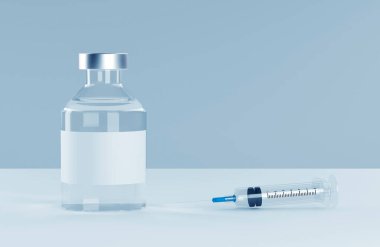 Corona virüs aşı geliştirme şırınga ve ampul ile - 3 boyutlu illüstrasyon