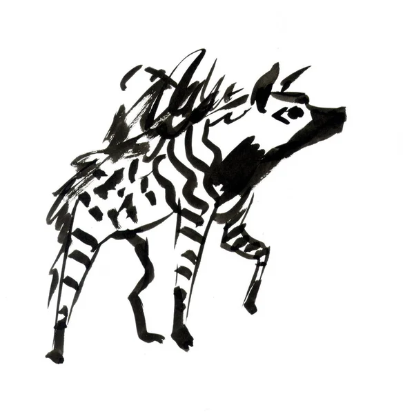 Tusz Pędzel Rysunek Hyena — Zdjęcie stockowe