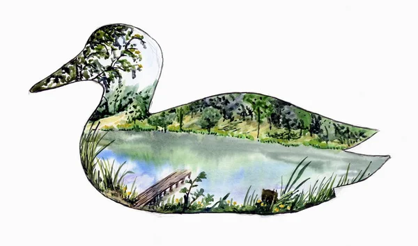 Watercolor Drawing Landscape Lake Silhouette Duck — Stock Photo, Image