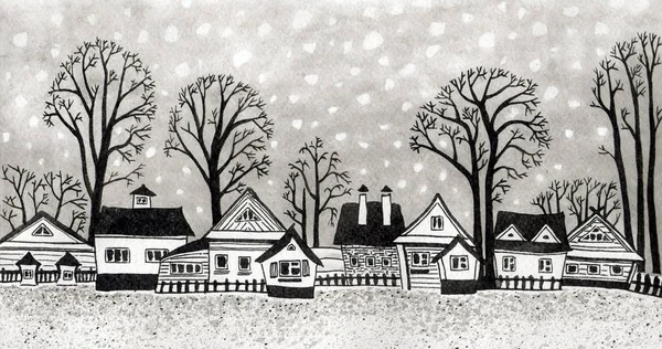 Σχεδίαση Μελανιού Και Πινέλου Χειμερινά Σπίτια Και Δέντρα — Φωτογραφία Αρχείου