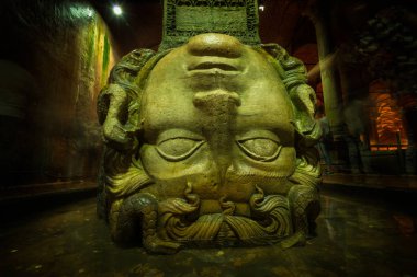 Giant medusa head beneath the basilica cistern in Istanbul, Turkey.