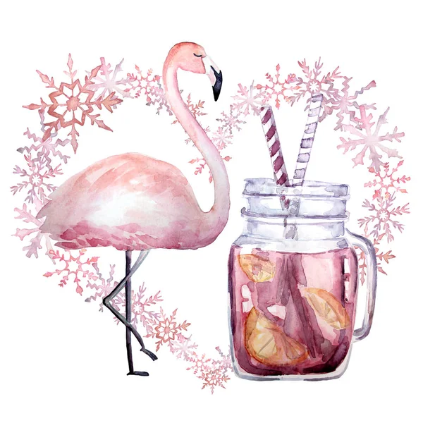 Romantisches Herz Mit Flamingo Und Heißgetränk Coctail Rosa Winter Schneeflocke — Stockfoto