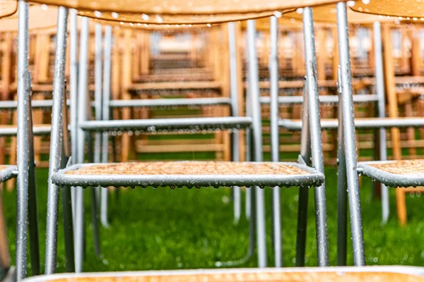 Wooden and metal chairs stand outside in the park in the rain. Empty auditorium, green grass, trees and chairs with water drops.