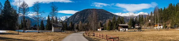 Panorama of Fazzon (with mountain chapel) small hamlet in Val di Sole - Sky region, Pellizzano, Trento, Trentino, Italy, Europe