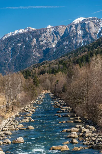 Noce Nehri ağaçlar ve karla kaplı dağlar manzaralı tepeler ile çevrili - İtalyan alpleri. Pellizzano, Trento, Trentino, İtalya'dan görünüm