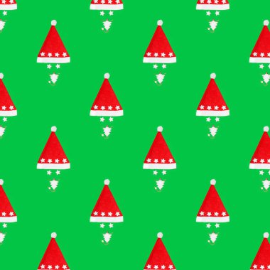 Yılbaşı ağacı sakallı Noel Baba şeklindeki bir desen yeşil bir arka planda. Düz yatıyordu. Yeni yıl ve Noel konsepti