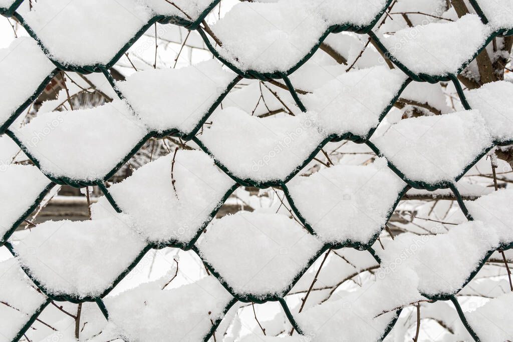 Close-up of a metal chain-link fence with adhering white snow.