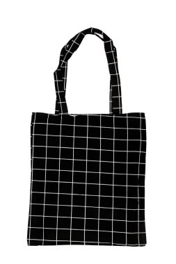 Trendy Alışveriş çantası. Siyah boş pamuk eko çanta. Çevre Koruma Geri Dönüşüm Kavramı. Taşıyıcı geri dönüşüm bakkal çantası. Siyah pamuk torba beyaz arka plan üzerinde izole. Plastik ücretsiz ürünler.