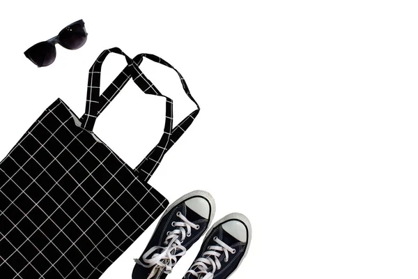 Βαμβάκι Eco τσάντα. Αντίληψη για την ανακύκλωση της περιβαλλοντικής προστασίας. Σχέδιο για το σχεδιασμό. Μαύρο βαμβακερό σάκο απομονώθηκε σε λευκό φόντο. Μαύρο κενό βαμβάκι Eco Tote τσάντα. Τσάντα για ψώνια. — Φωτογραφία Αρχείου