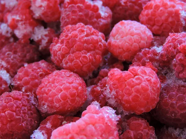 Framboesas frescas e doces fundo. congelado deliciosas bagas fundo, close-up. Fundo de bagas congeladas sortidas. Framboesas fundo, espaço de cópia . — Fotografia de Stock