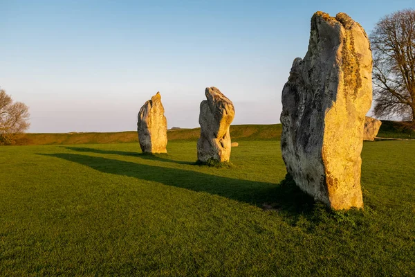 Wiltshire, İngiltere'de bir alanda altın bir gün batımında tarih öncesi ayakta kayalar, görüntüde kimse