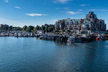 Victoria limanının girişinde bir marina, Vancouver Adası, Kanada, pırıl pırıl mavi sular ve parlak mavi gökyüzü.
