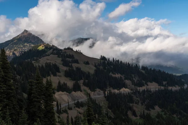 Uma vista de uma montanha no Parque Nacional Olímpico, estado de Washington, EUA, céu azul brilhante e nuvens brancas fofas — Fotografia de Stock
