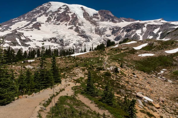 Uma montanha coberta de neve, o Monte Rainier, na primavera, com trilha de caminhadas que leva à distância — Fotografia de Stock