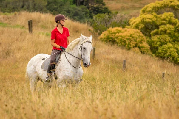 An attractive happy smiling young woman dressed in a red polo shirt riding her white horse through long dried golden colour grasses
