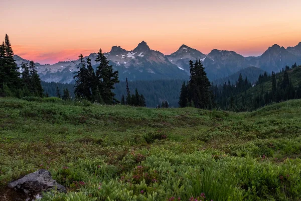 Uma vista de um belo pôr-do-sol sobre uma variedade de montanhas do outro lado de um prado com flores silvestres, o céu é uma cor avermelhada e brilha sobre a neve nas montanhas — Fotografia de Stock