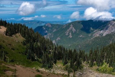 Olimpik Milli Parkı olan geniş panorama, Abd, Hurricane Ridge yürüyüş parkurundan, parlak mavi gökyüzüne karşı kabarık beyaz bulutlar katmanları