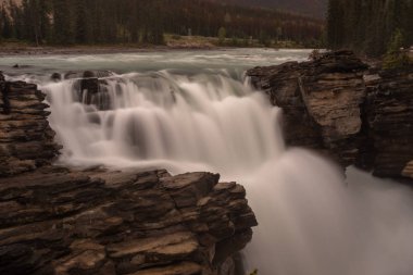 Banff Milli Parkı'nda güçlü Athabasca Şelalesi, Kanada, su sel kayalarda bir boşluk üzerinden sıkıyor ve birçok metre düşüyor, şelale bulanık hareket oluşturmak için uzun pozlama