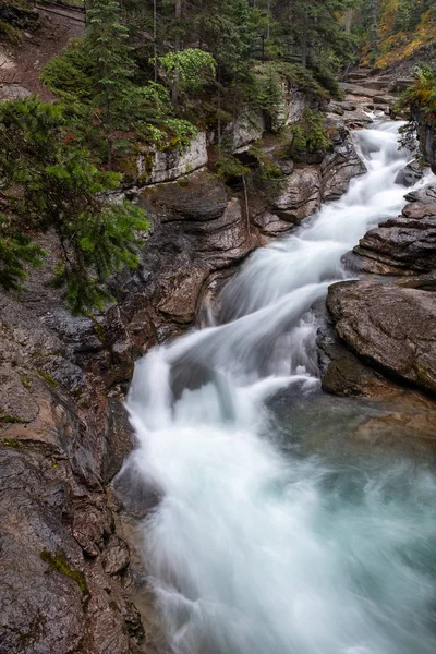 Una hermosa cascada corta a través de las rocas en Maligne Canyon, Jasper National Park, Canadá, larga exposición para crear un movimiento borroso al agua . — Foto de Stock