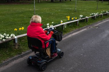 Kırmızı bir ceket bir yaşlı Bayan çiçek bahar nergis ile sessiz bir yolda bir elektrikli hareketlilik scooter özgürlüğü zevk.