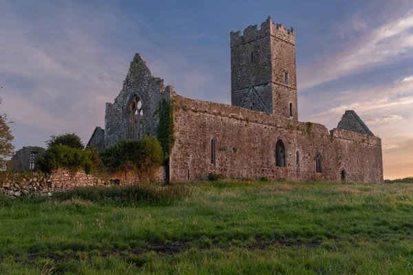 Clare Abbey harabeleri, Clare, Irlanda 'nın hemen dışında bir Augustinian Manastırı kalıntıları arka görünüm gün batımı