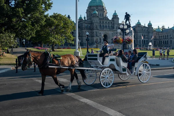 Victoria, Vancouver Island, BC, Canada 26 agosto 2018: Una carrozza trainata da cavalli con turisti passa davanti all'edificio del parlamento a Victoria, Vancouver Island, Canada — Foto Stock