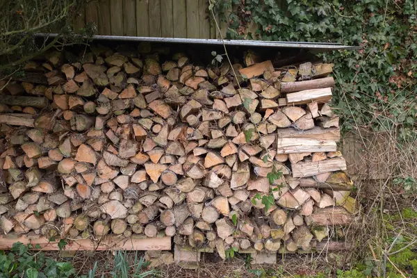 A pile of chopped firewood under a lean to — Stock Photo, Image