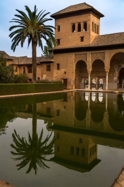 Alhambra, Granada, İspanya, Eylül, 23, 2017: Granada, Endülüs, İspanya 'daki Alhambra' da büyük bir gölet, büyük bir palmiye ağacının yansıması.