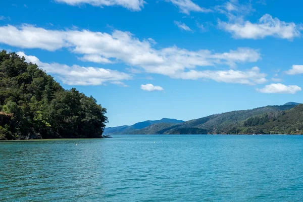 Güzel ve çarpıcı Marlborough Sound ve Güney Adası, Yeni Zelanda üst çevreleyen tepelerin bir su seviyesi görünümü