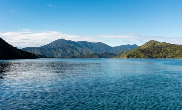 A low-level view of the beautiful and stunning Marlborough Sound and the surrounding hills at the top of the South Island, New Zealand