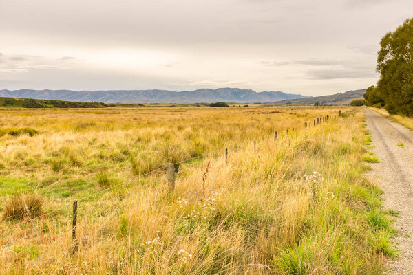 The wide-open green meadows by the side of the Otago Rail Trail, cycle route, Otago, New Zealand