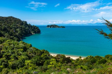 Able Tasman National Park, Yeni Zelanda'daki gölün panoramik manzarası