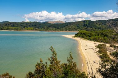 Able Tasman National Park, Yeni Zelanda'daki gölün panoramik manzarası