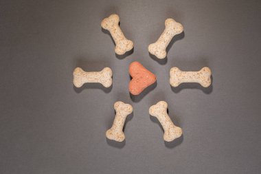 Several multi-coloured dog biscuits arranged in a pattern on a grey background clipart