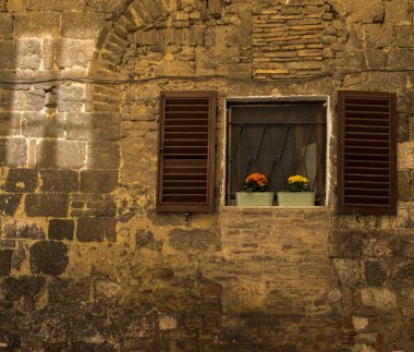 İçinde parlak renkli çiçekler bulunan iki küçük konteynır bir pencere pervazında duruyor.