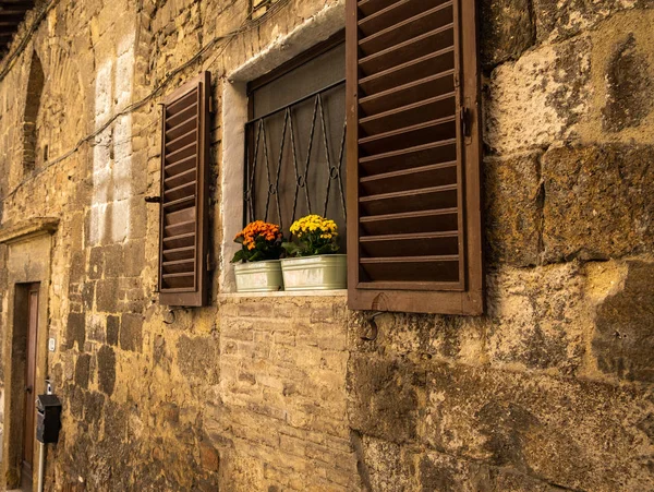 Dos pequeños recipientes que contienen flores de colores brillantes sentados en una repisa de la ventana —  Fotos de Stock