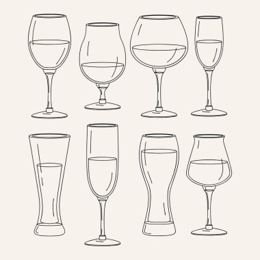 Alkol ile farklı gözlük el çizilmiş ayarlayın. Gözlük illüstrasyonu. Çizgi sanat cam. Vektör.