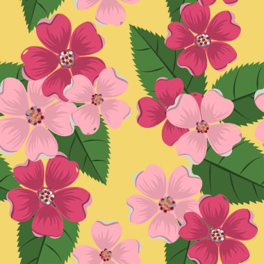 Sarı arka plan üzerinde güzel pembe çiçekler ile Sevimli parlak desen. Vektör.