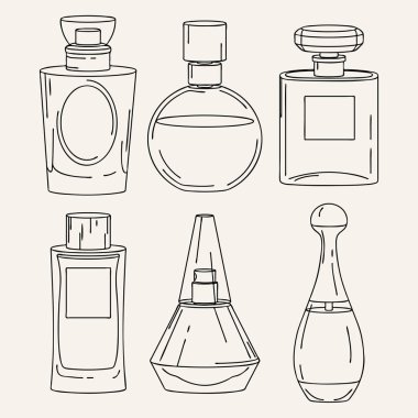 El farklı parfüm şişeleri seti çizilmiş. Parfüm İllüstrasyonu. Çizgi sanat şişeleri. Vektör.