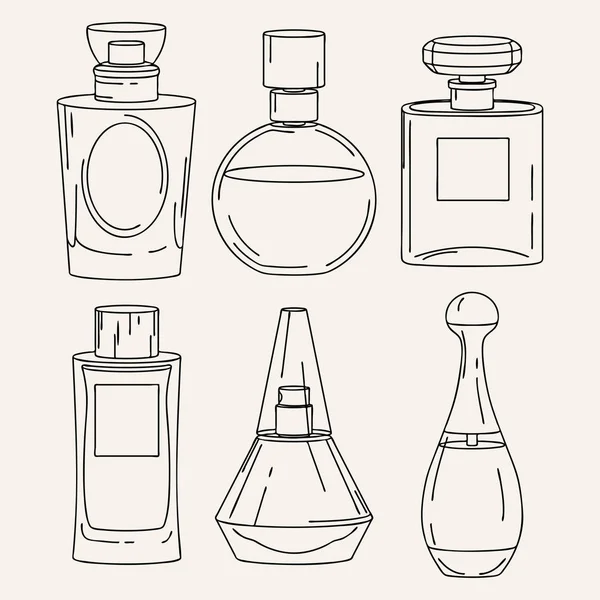 Hand drawn set of different perfume bottles. Illustration of perfume. Line art bottles. Vector.