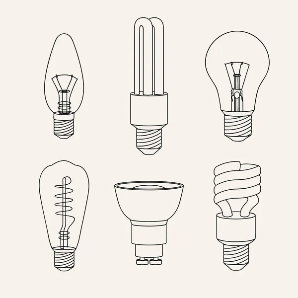 Hand Drawn Set Different Light Bulbs Illustration Bulbs Line Art — Stock Vector