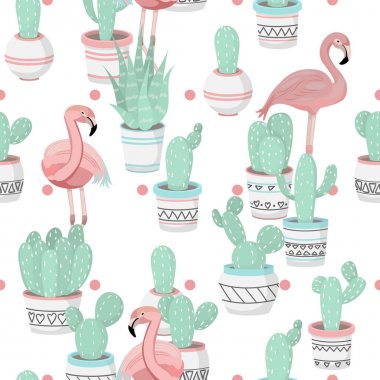 Kaktüsler ve flamingo ile sevimli güzel pastel desen. Vektör.