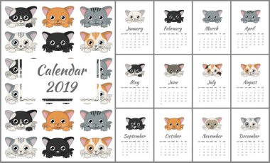 Sevimli kediler ile 2019 için güzel tatlı takvim. Farklı kedi kafaları ile vektör takvimi.
