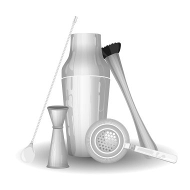 Bar aletleri. Fransız shaker, süzgeç, jigger, muddler ve bar kaşığı. Barmenlik ekipmanlarının vektör el çizimillüstrasyonu.