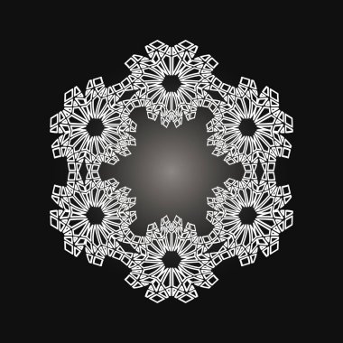 Siyah arka planda dantel süslemeli beyaz çerçeve. Art deco. Lüks mandala, elle çizim tasarımı. Etnik motif. Soyut vektör illüstrasyonu. Davetiye, poster, kart tasarımı.