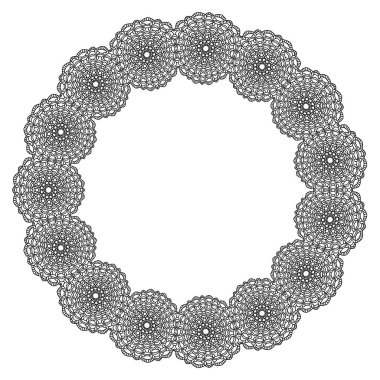 Beyaz arka planda dantel süslemeli beyaz yuvarlak çerçeve. Art deco. Lüks mandala, el çizimi tasarımı. Etnik motif. Soyut vektör çizimi. Davetiye, poster, kart için tatil şablonu tasarımı.