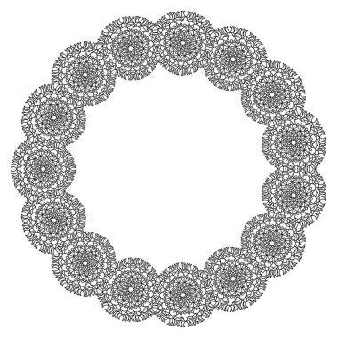 Beyaz arka planda dantel süslemeli beyaz yuvarlak çerçeve. Art deco. Lüks mandala, el çizimi tasarımı. Etnik motif. Soyut vektör çizimi. Davetiye, poster, kart için tatil şablonu tasarımı.