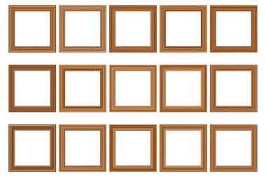 Tasarımın için büyük bir kare klasik ahşap çerçeve seti. Klasik kılıf. Mesaj için yer. Antika altın sarısı, güzel dikdörtgen çerçeveler. Şablon vektör illüstrasyonu.