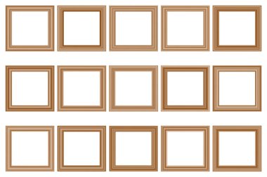 Tasarımın için büyük bir kare klasik ahşap çerçeve seti. Klasik kılıf. Mesaj için yer. Antika altın sarısı, güzel dikdörtgen çerçeveler. Şablon vektör illüstrasyonu.