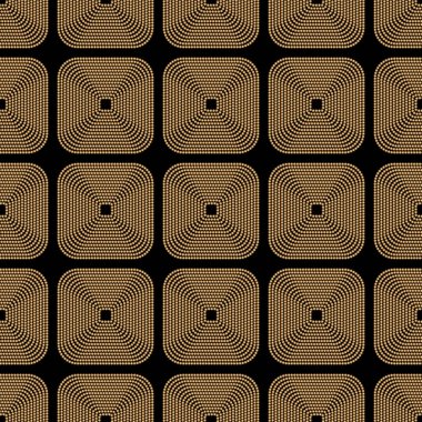 Art deco tasarımı. Siyah arkaplanda altın kareli süslemesi olan soyut geometrik dikişsiz desen. Klasik dekoratif doku. Duvar kağıdı, web sayfası, tekstil için modern lüks illüstrasyon. 